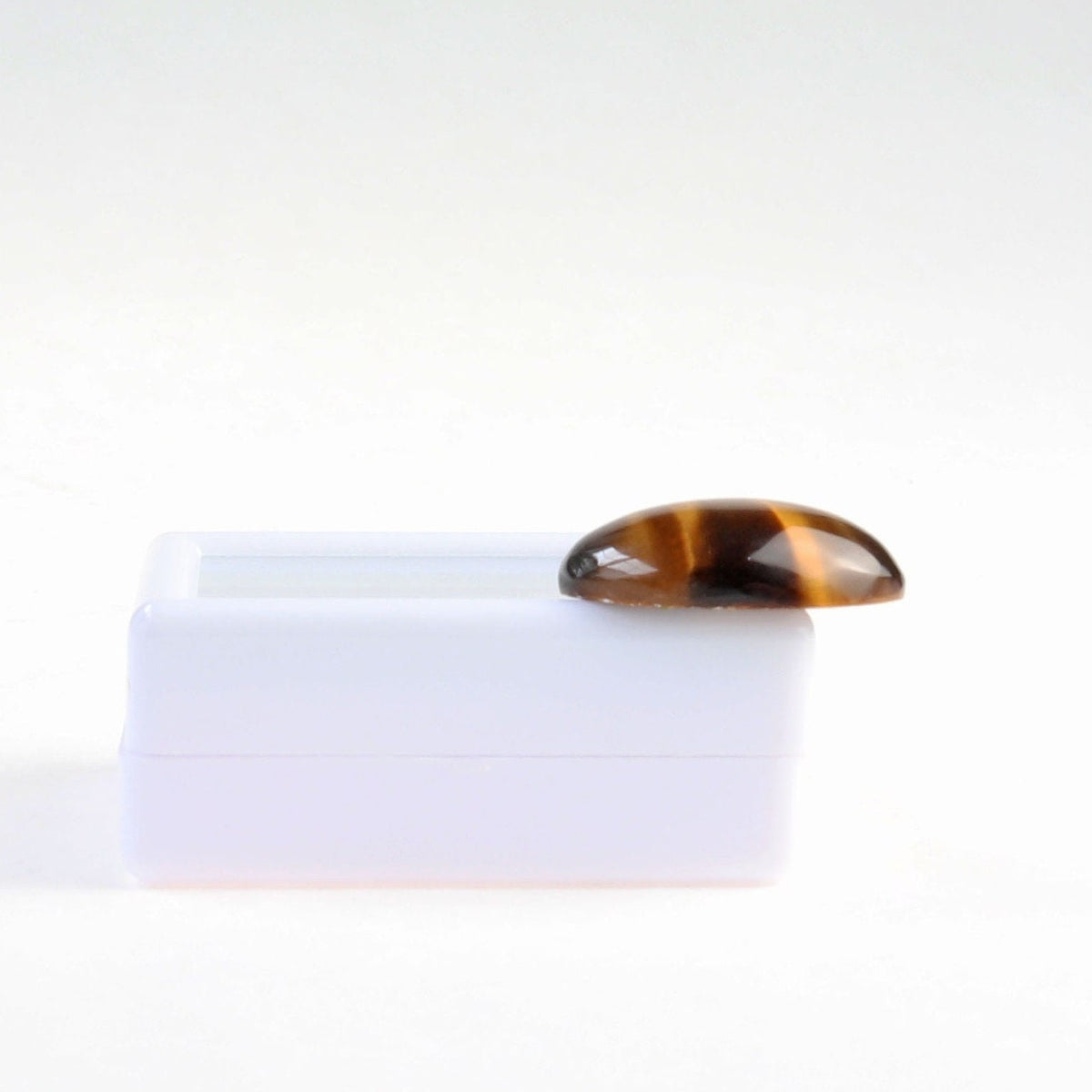 Side view of a hand-cut natural Tiger's Eye cabochon with golden-brown banding and chatoyancy, displayed on a white gem box.