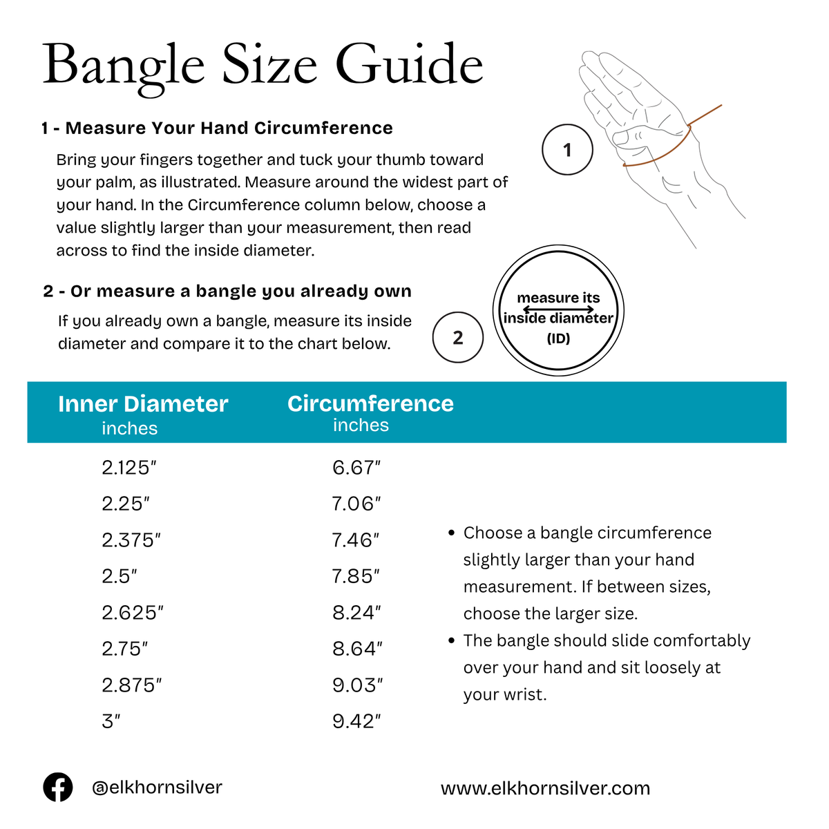 An informational size guide titled 'Bangle Size Guide' with text instructions for measuring hand circumference and a table linking inner diameter in inches to bangle circumference in inches. The design is mostly white with black text, a teal header bar, and small circular callout graphics.
