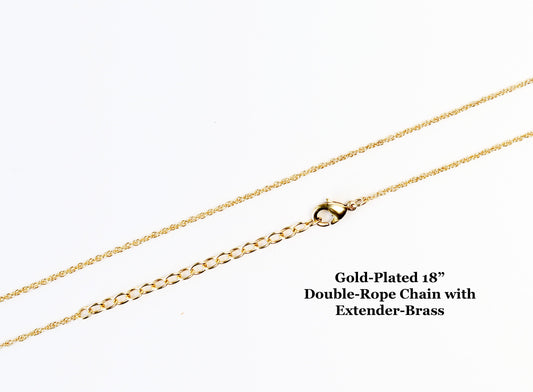 Dainty 18” gold-plated brass rope chain with 2” extender and lobster clasp. Ideal for pendants and charms. Durable, soldered links.
