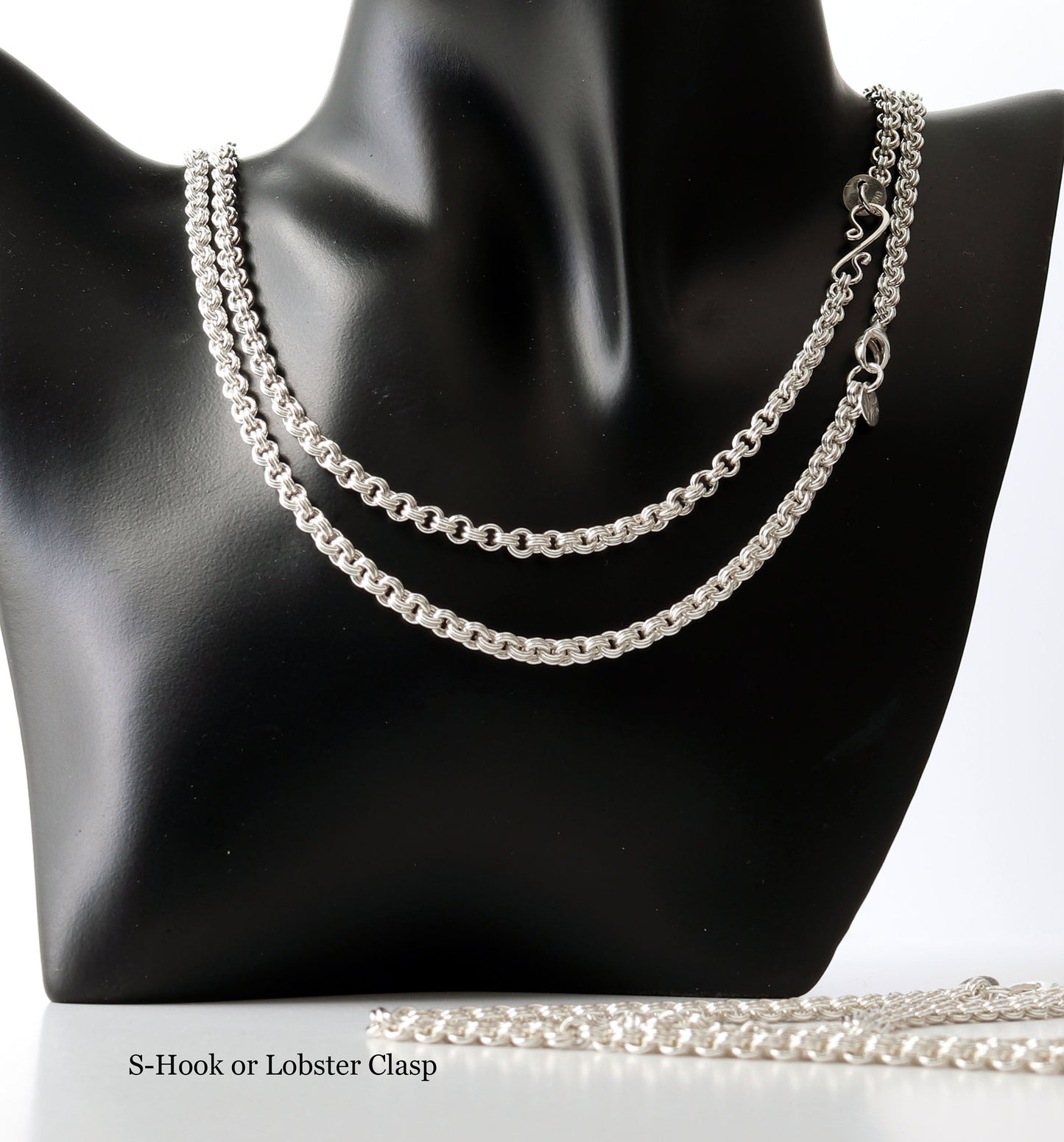 Argentium Double Link Cable Chain Necklaces with S-Hook and Lobster Clasp shown on black resin jewelry form against light gray background with text overlay S-Hook or Lobster Clasp
