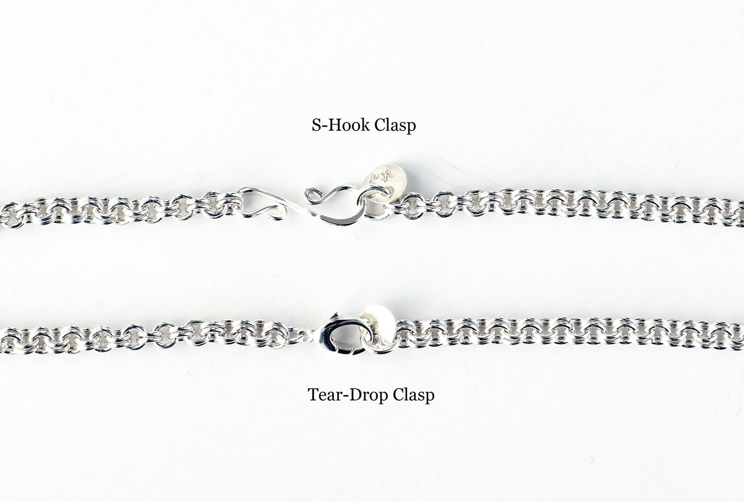 Clasp options teardrop or S-hook shown on white background.