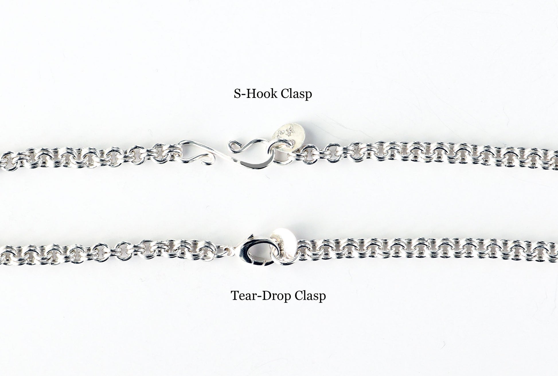 Clasp options teardrop or S-hook shown on white background.