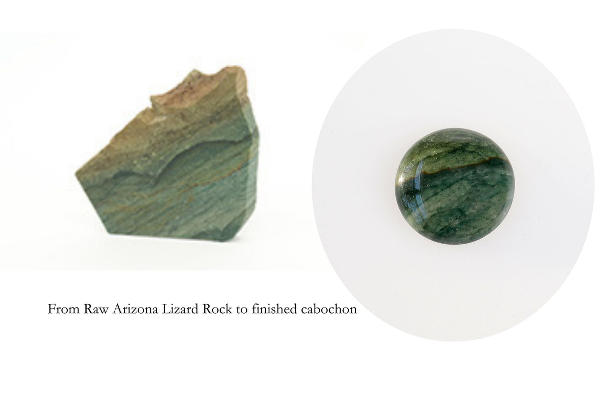 Arizona Lizard Rock shown in two forms: a rough, unpolished raw stone piece on the left and a polished green cabochon on the right, with text below reading 'From Raw Arizona Lizard Rock to finished cabochon' on a white background.