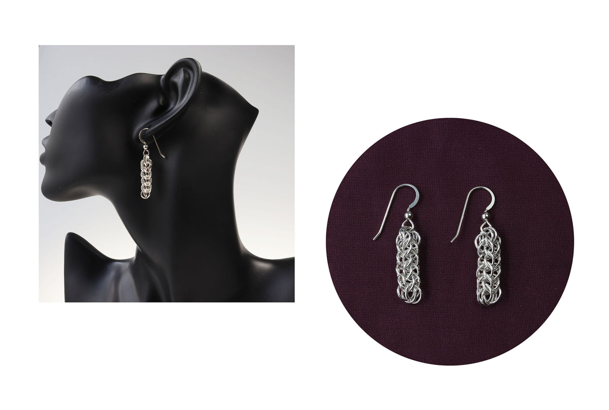 Argentium persian weave dangle earringsS shown on a black mannequin head next to round display of two persian weave earrings in Argentium silver, against a white background.