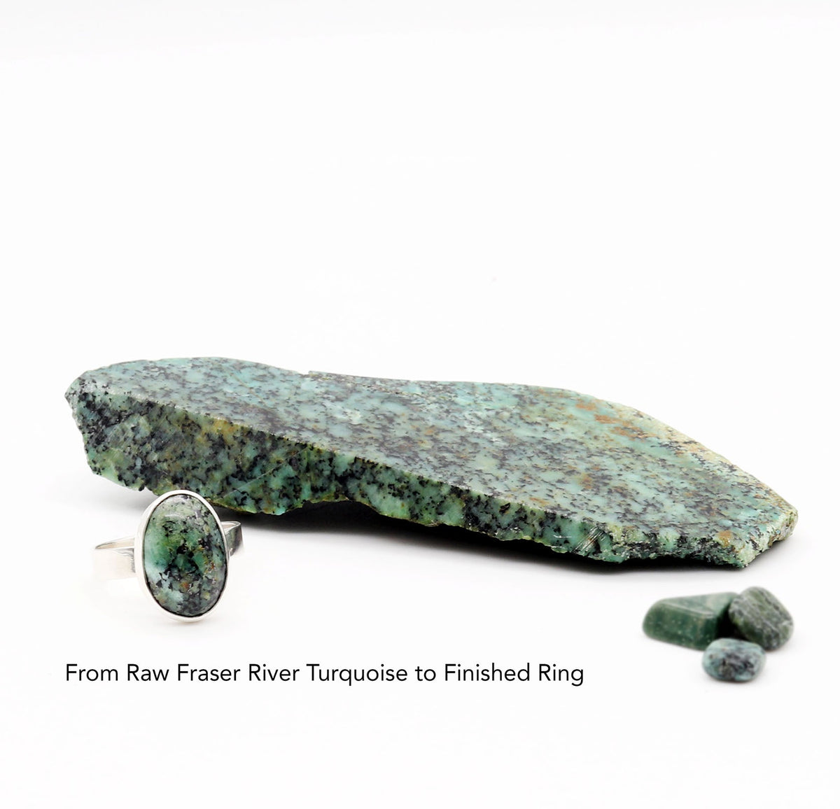 A raw Fraser River turquoise specimen, a finished ring with a matching oval turquoise cabochon in a silver setting, and three polished turquoise stones displayed on a clean white background with descriptive text.