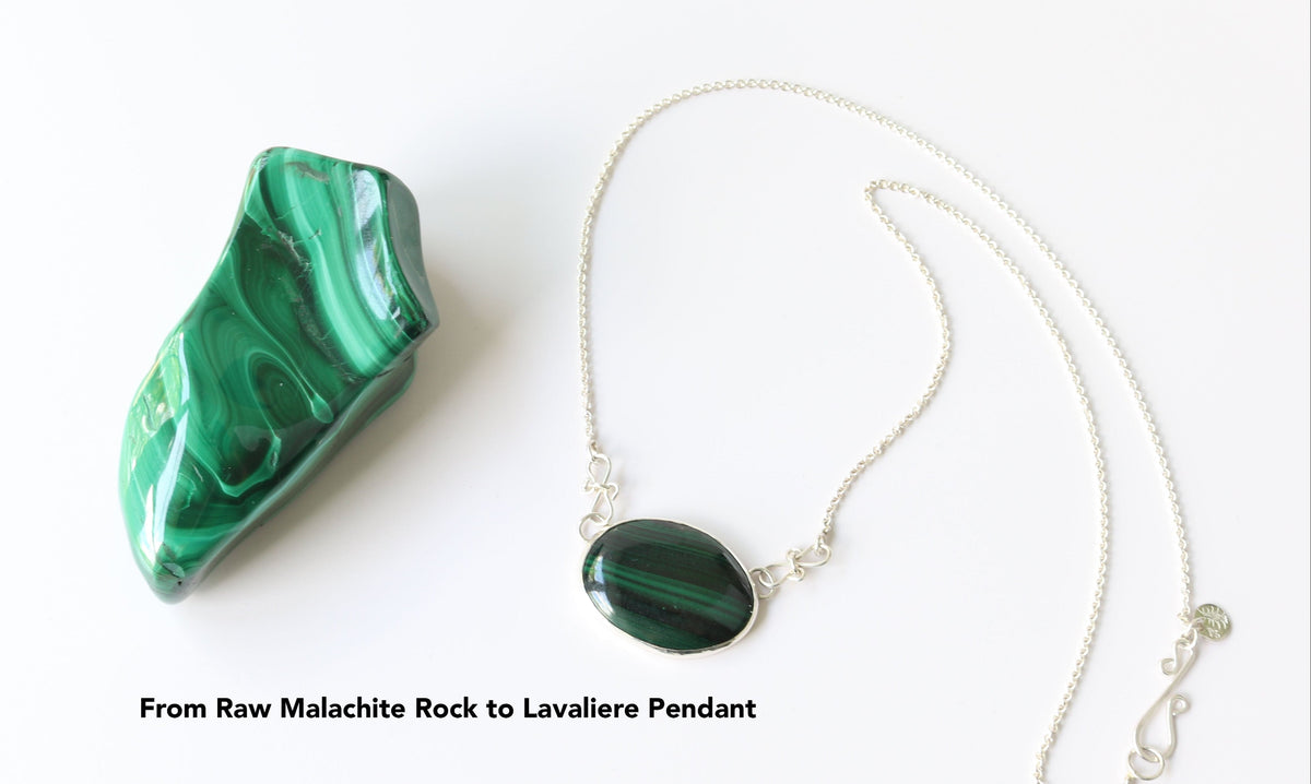 From Raw Malachite Rock to Lavaliere Malachite Pendant Necklace on white background.