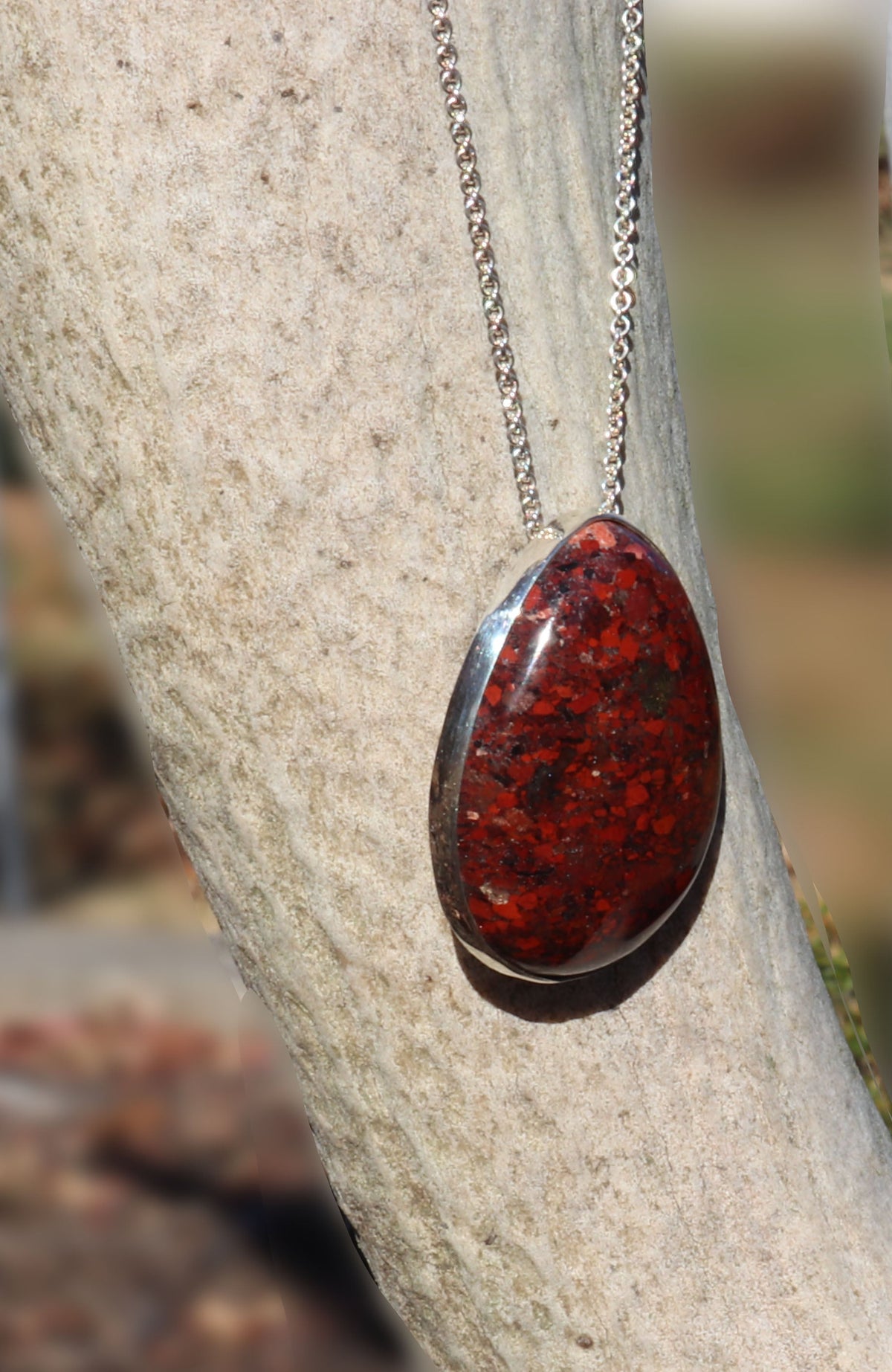 Red Brecciated Jasper pendant shown in daylight displayed on elk antler background.