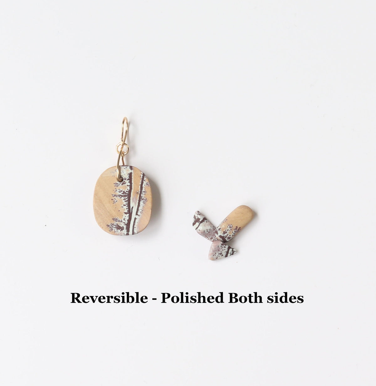  The reverse side the Sonoran Dendritic Rhyolite cabochon pendant alongside are flat Dendritic pebbles for props.  Shown on white background with text that reads Reversible - Polished both sides