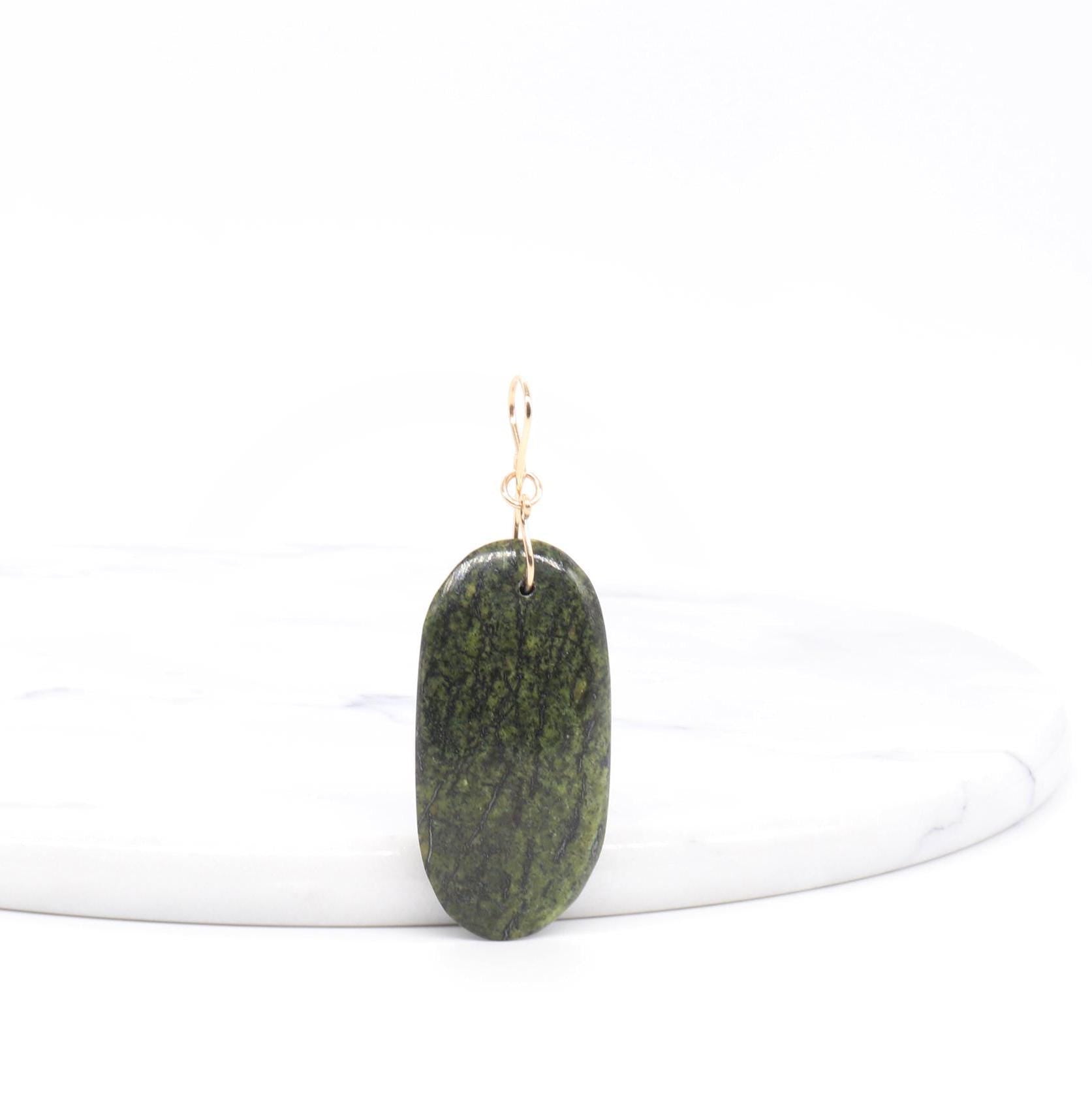Forest Green Jasper Pendant – Jewelry Focal Piece designed with a gold-filled wire figure-8 shaped bail ready to wear with your favorite chain.