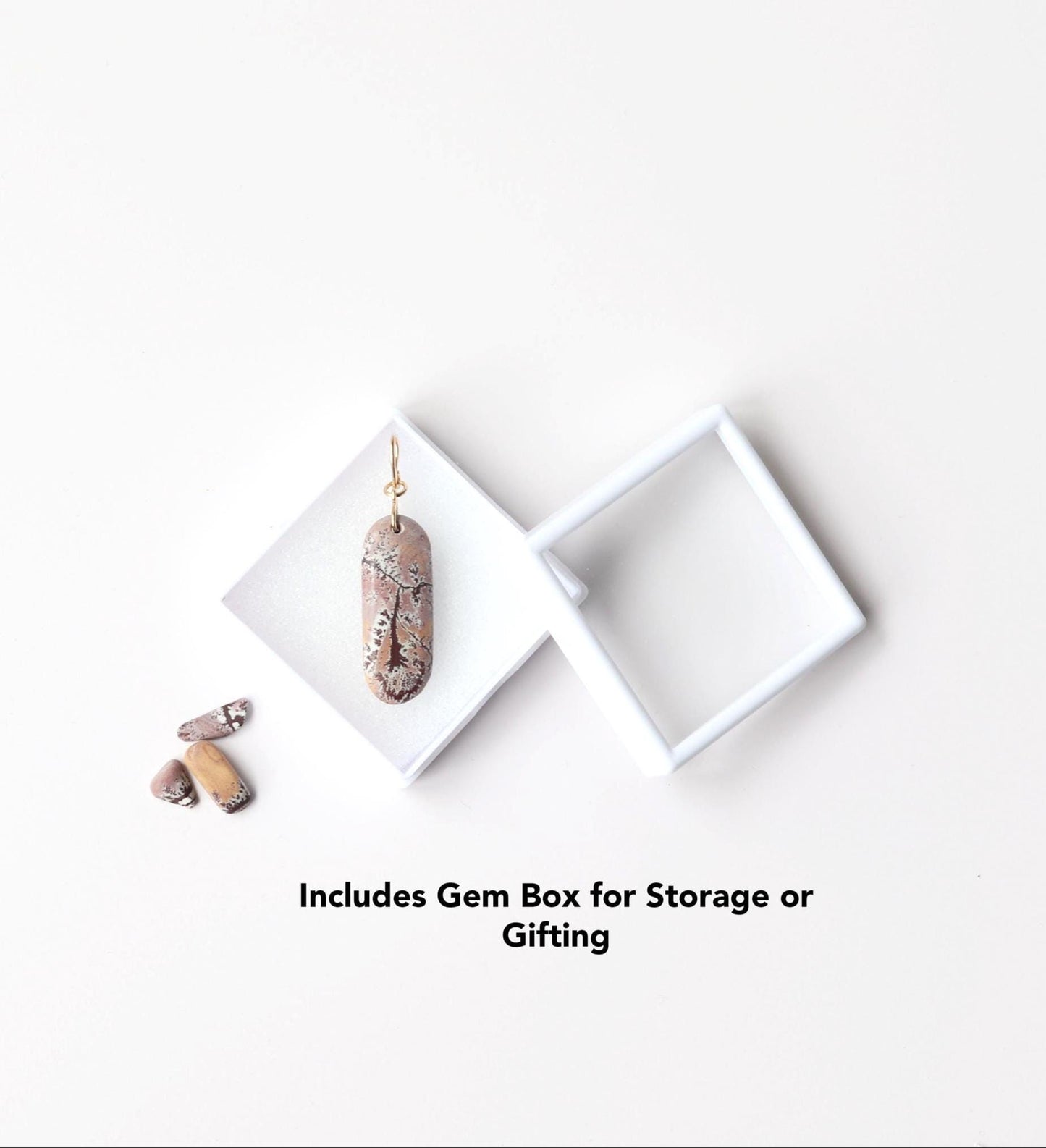 Sonoran Rhyolite Pendant comes packaged in a white gem box with glass lid for storage or gifting.