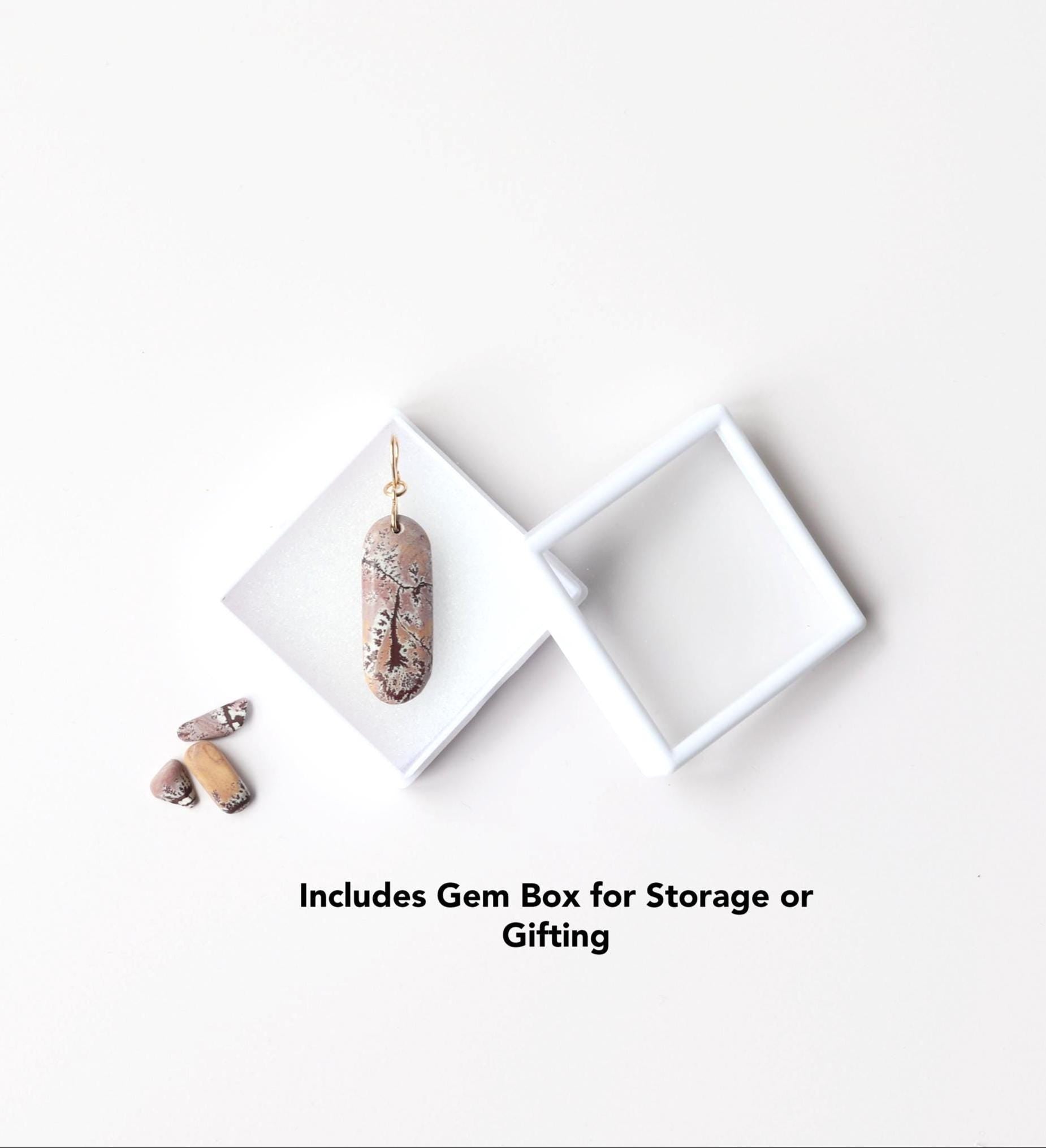 Sonoran Rhyolite Pendant comes packaged in a white gem box with glass lid for storage or gifting.