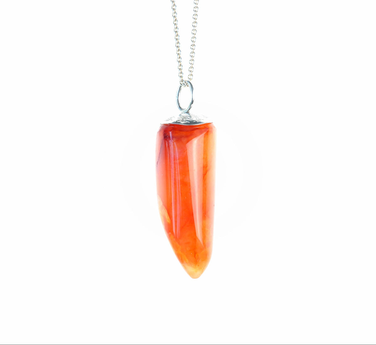 Carnelian Crystal Agate pendant, hand-cut and freeform polished into a unique pepper-shaped form, styled with custom Argentium bail.