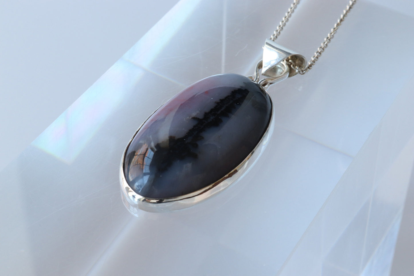 Unique Natural Petrified Rainbow Wood Pendant in sterling Argentium® 935 Silver Setting, Handcrafted in USA