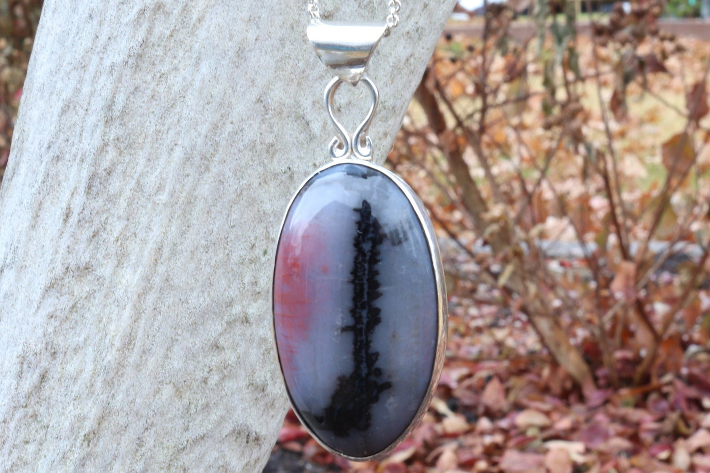 Unique Natural Petrified Rainbow Wood Pendant in sterling Argentium® 935 Silver Setting, Handcrafted in USA