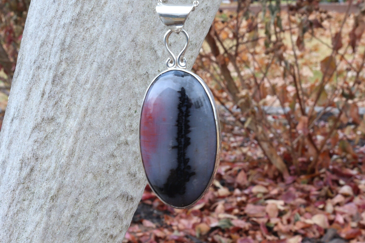 Unique Natural Petrified Rainbow Wood Pendant in sterling Argentium® 935 Silver Setting, Handcrafted in USA