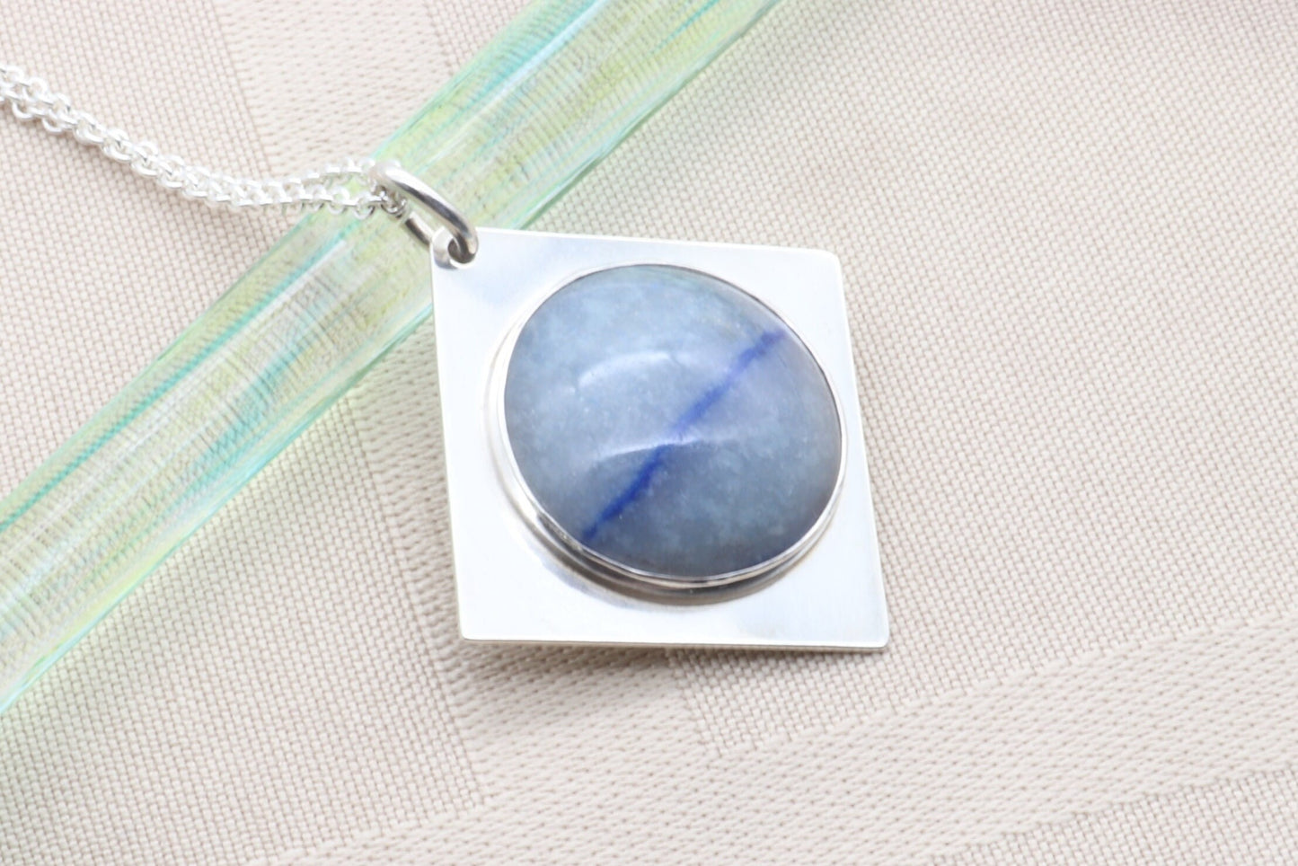 Blue Aventurine Cabochon, Diamond Shaped, sterling Argentium 935 Silver Setting, Handmade Statement Jewelry, Minimalist Gift