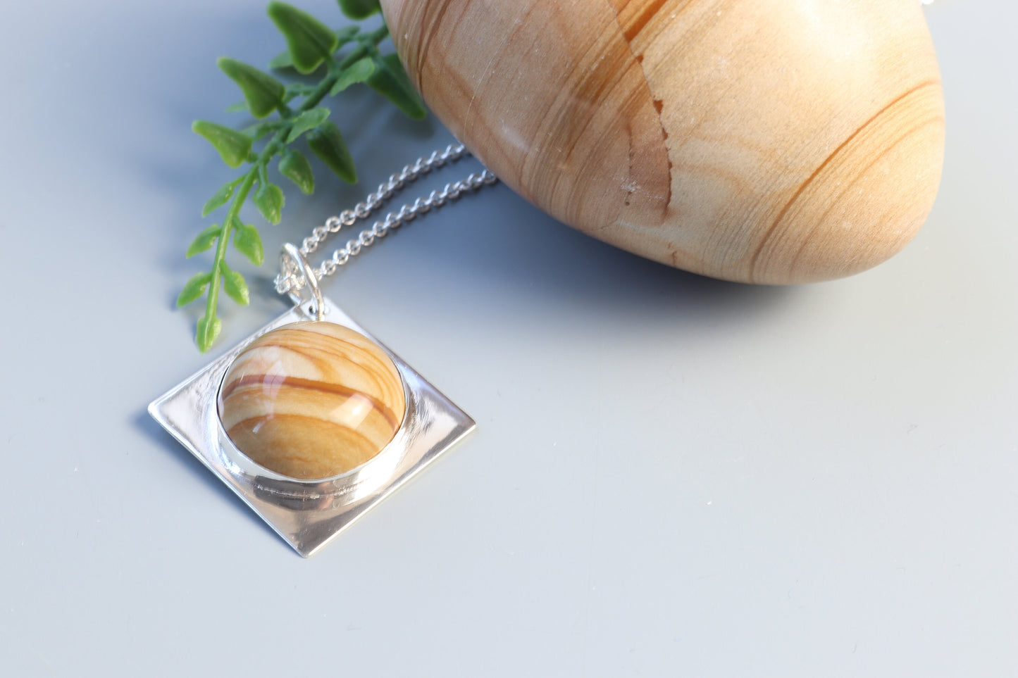 Unique Picture Jasper, Diamond Shaped Pendant Necklace, in Argentium Silver Setting - Beautiful Landscape Pattern