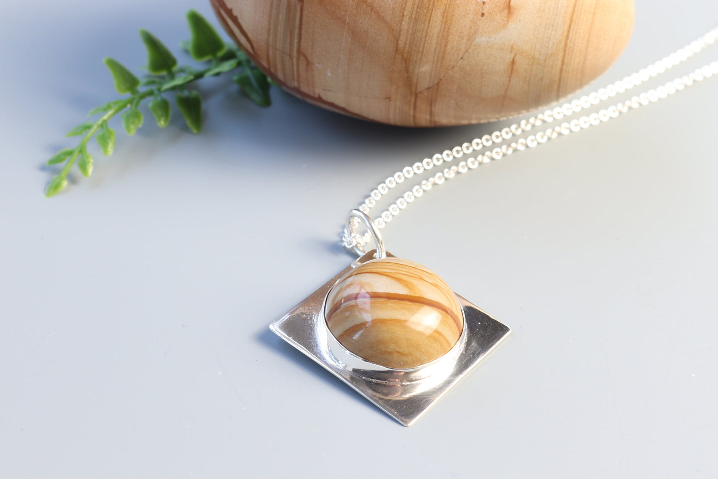 Unique Picture Jasper, Diamond Shaped Pendant Necklace, in Argentium Silver Setting - Beautiful Landscape Pattern