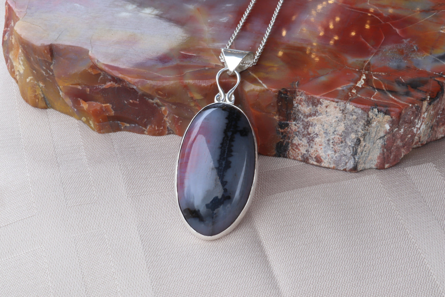 Unique Natural Petrified Rainbow Wood Pendant in sterling Argentium® 935 Silver Setting, Handcrafted in USA