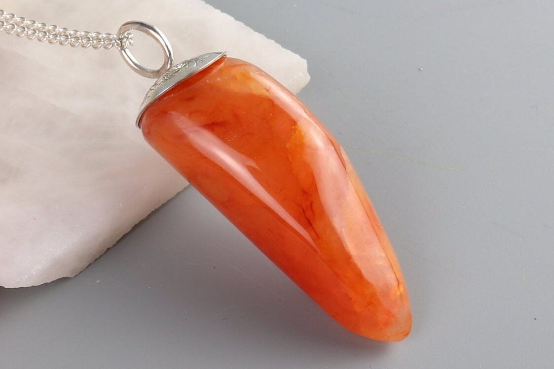 Carnelian Crystal Pendant Necklace, Orange Pepper Shape, 935 Silver Bail Chain, USA crafted, Gift for him, Gift for her