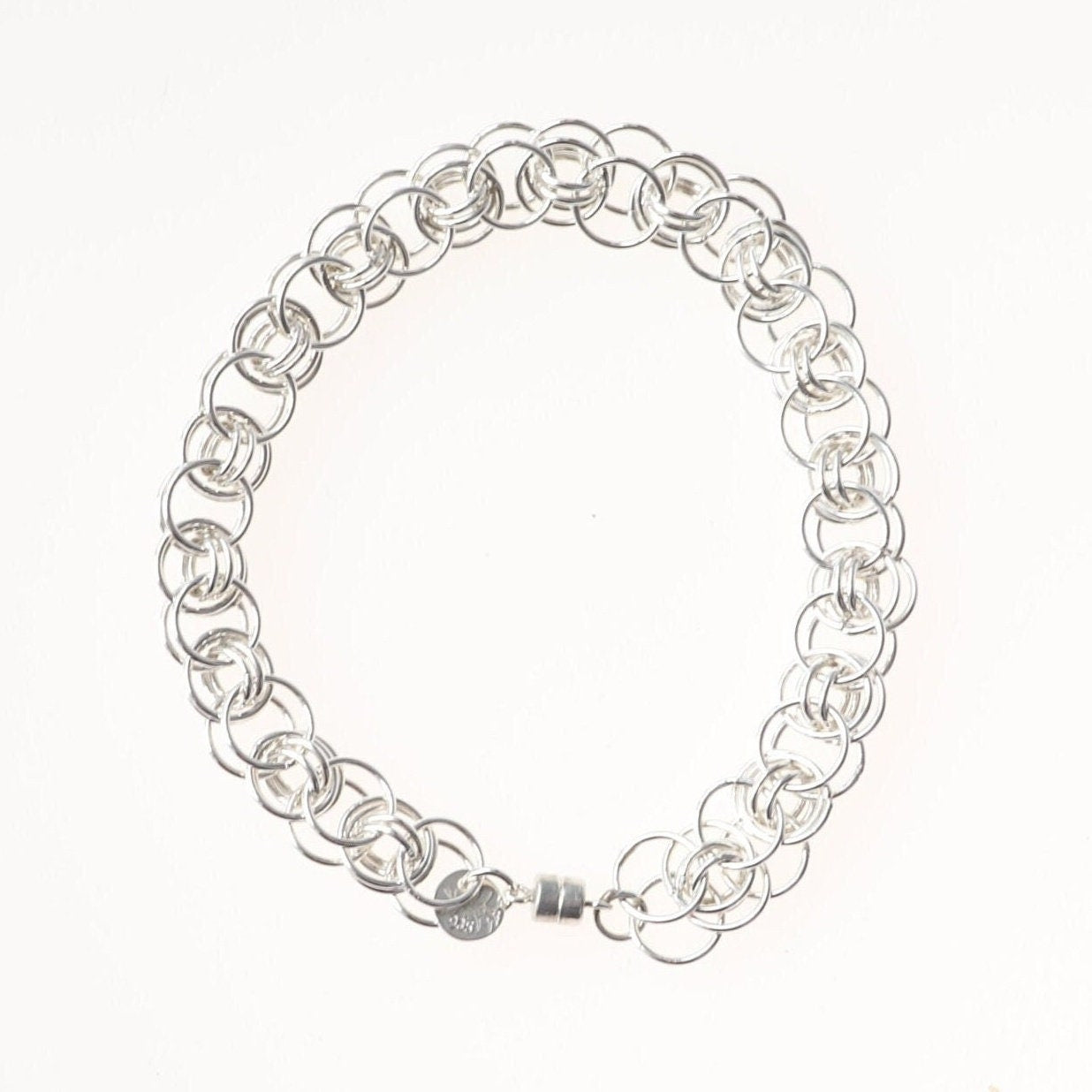 Sterling Silver Chain Bracelet, Helm Weave 935 Argentium, Welded Links, Magnetic Clasp, welded links, USA made, 8mm