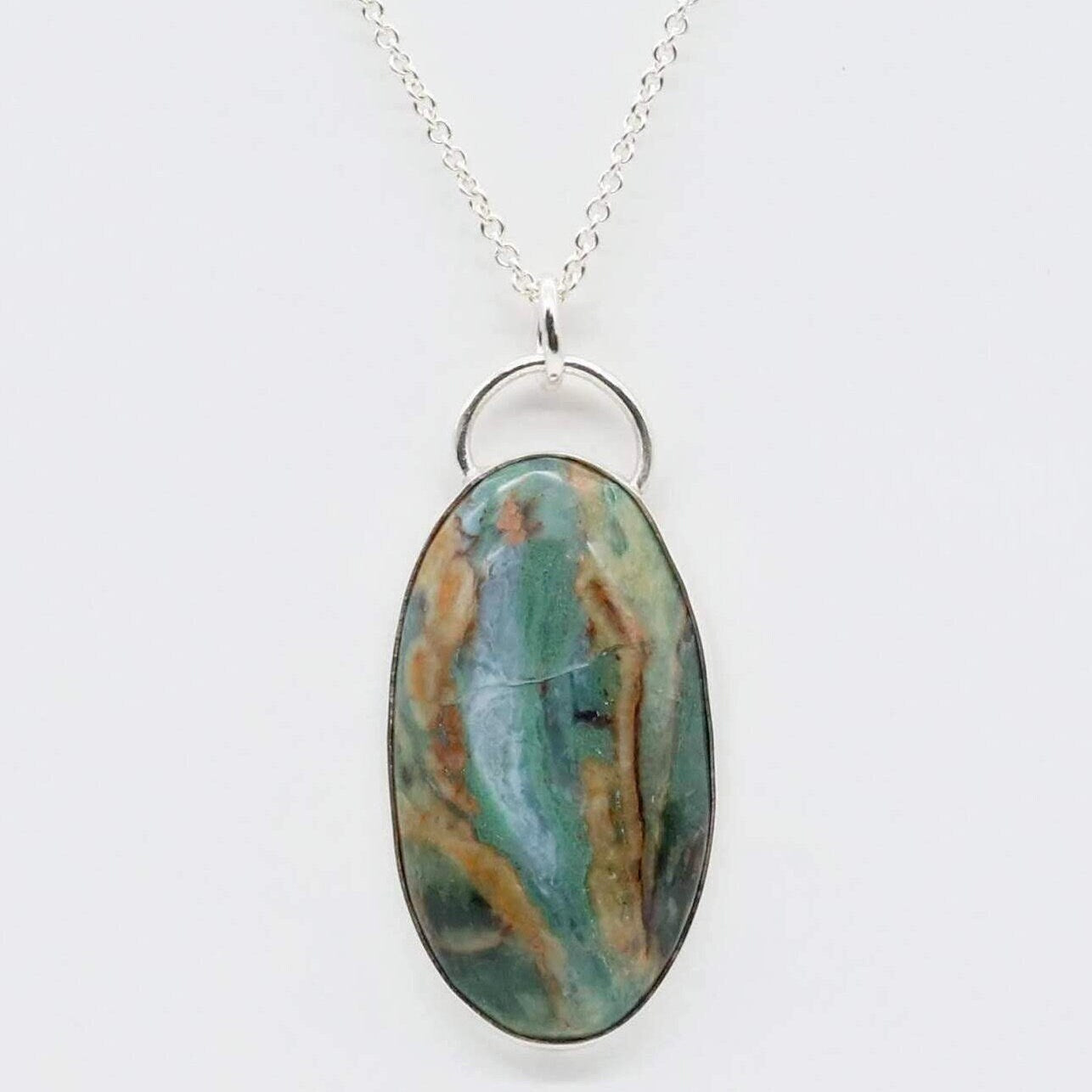 Sonora Sunset Chrysocolla Pendant - natural stone, USA, in sterling Argentium® 935 Silver, Perfect Gift