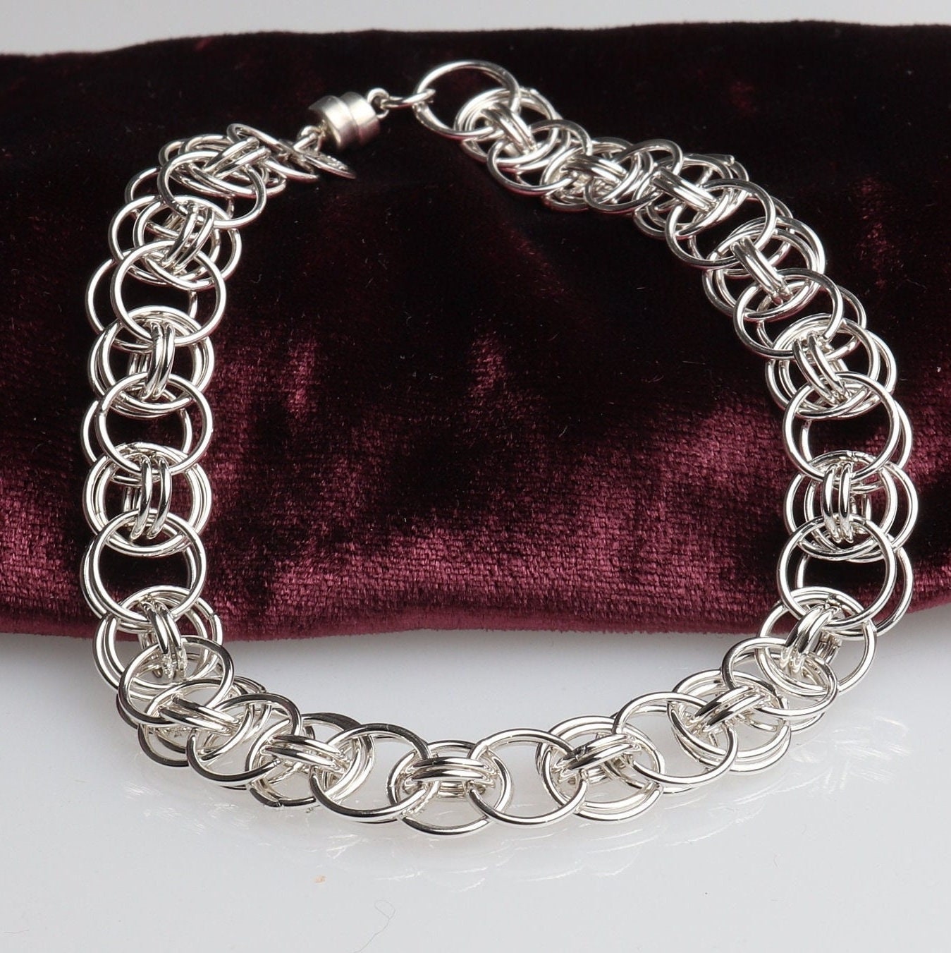 Sterling Silver Chain Bracelet, Helm Weave 935 Argentium, Welded Links, Magnetic Clasp, welded links, USA made, 8mm