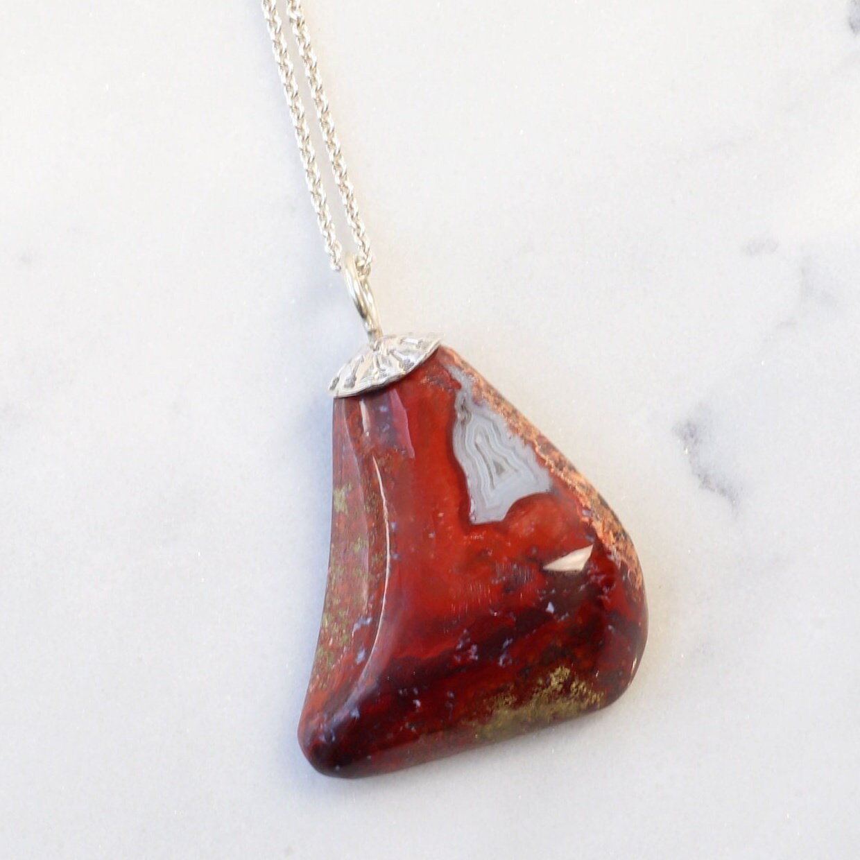 Chic Red Jasper Necklace Pendant in Sterling 935 Argentium Silver - Trendy Rock Collector Gift
