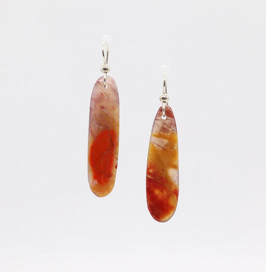 Expertly Handcut and polished Arizona Petrified Rainbow Wood reveals a stunning array of natural reds, oranges, golds, and mauves in these captivating translucent earrings. Accentuating the organic beauty of the wood, the earrings are paired with premium .935 Argentium® Silver ear wires, offering both elegance and a secure, comfortable fit.