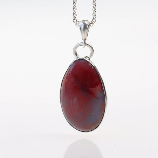 Petrified Rainbow Wood Silver Cabochon Pendant Necklace, Sterling 935 Argentium, USA made