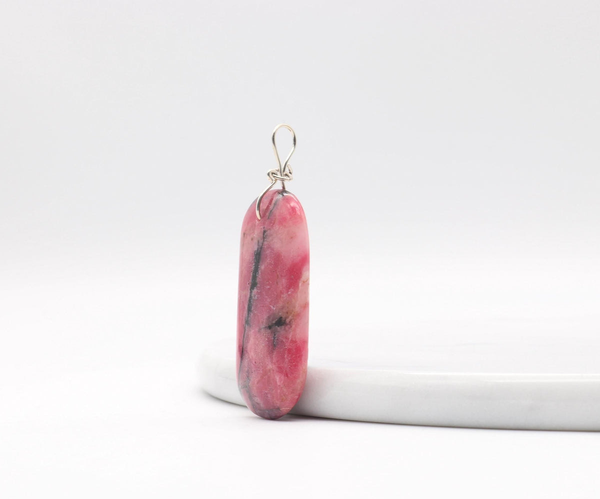 Natural Rhodonite Pendant – Handcrafted Focal Piece for Jewelry Making, Bow Shaped Bail, Handcrafted in USA, 2.37"