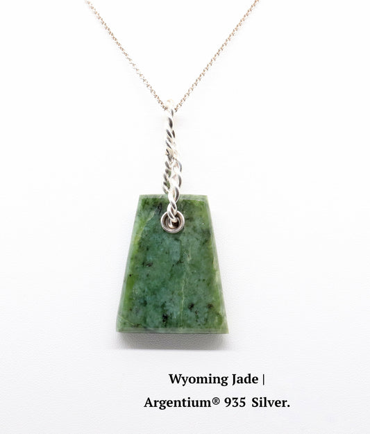 Trapezoid-cut Wyoming Jade pendant on Argentium® 935 Silver chain, handcrafted in Missouri