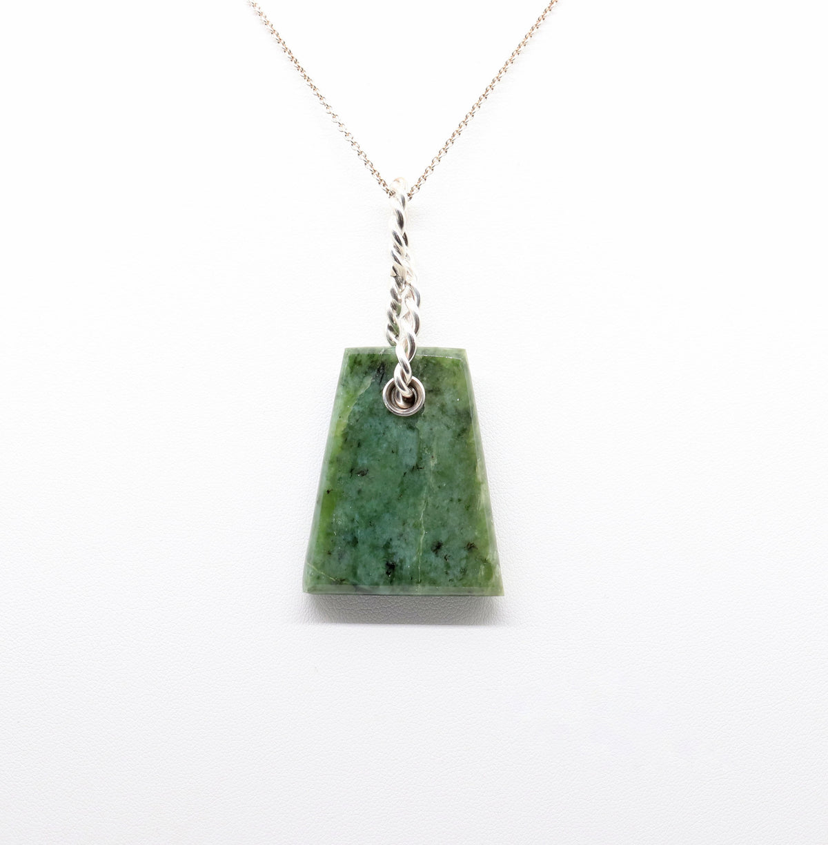 Trapezoid-cut Wyoming Jade pendant on Argentium® 935 Silver chain, handcrafted in Missouri