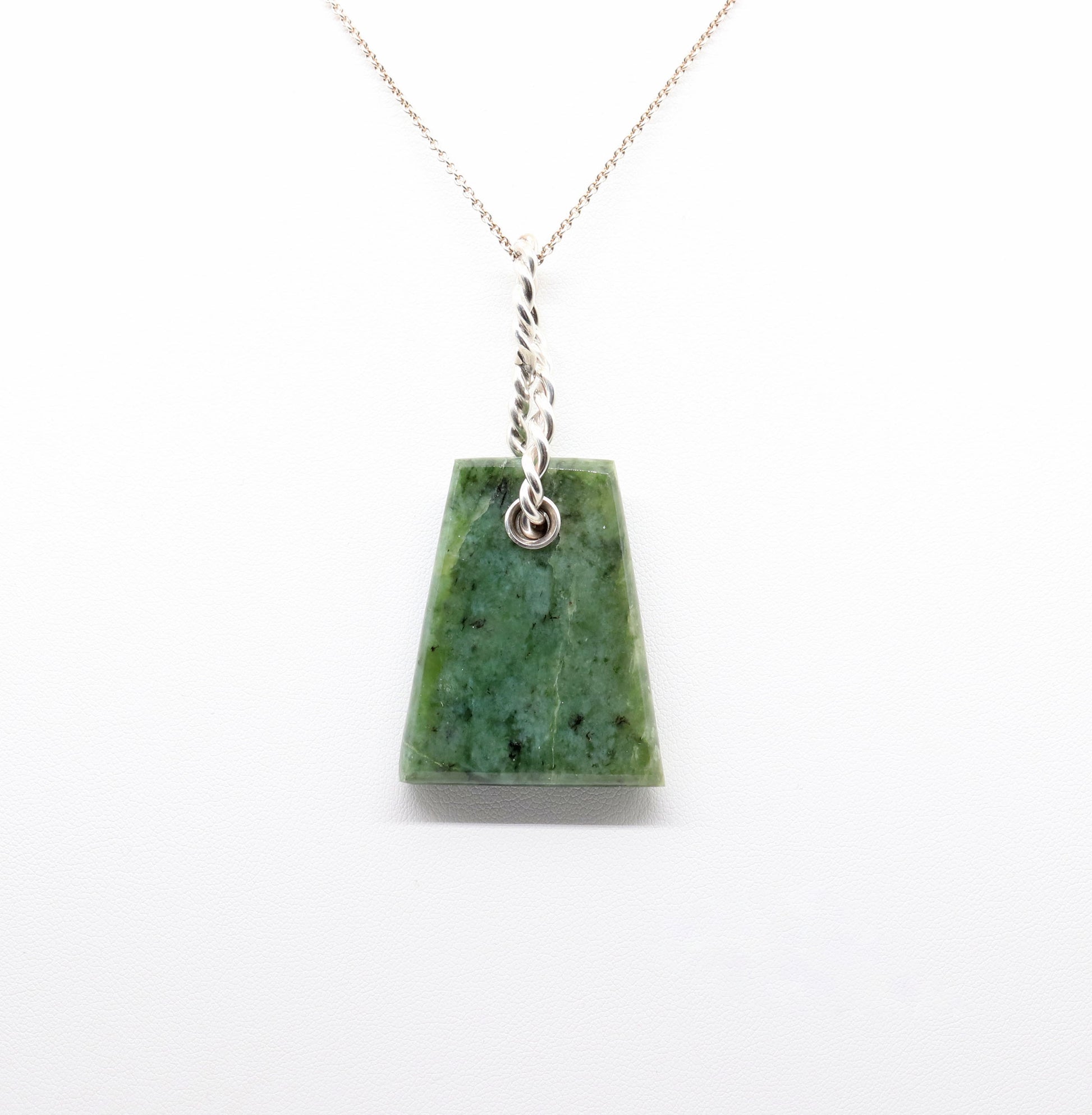 Trapezoid-cut Wyoming Jade pendant on Argentium® 935 Silver chain, handcrafted in Missouri