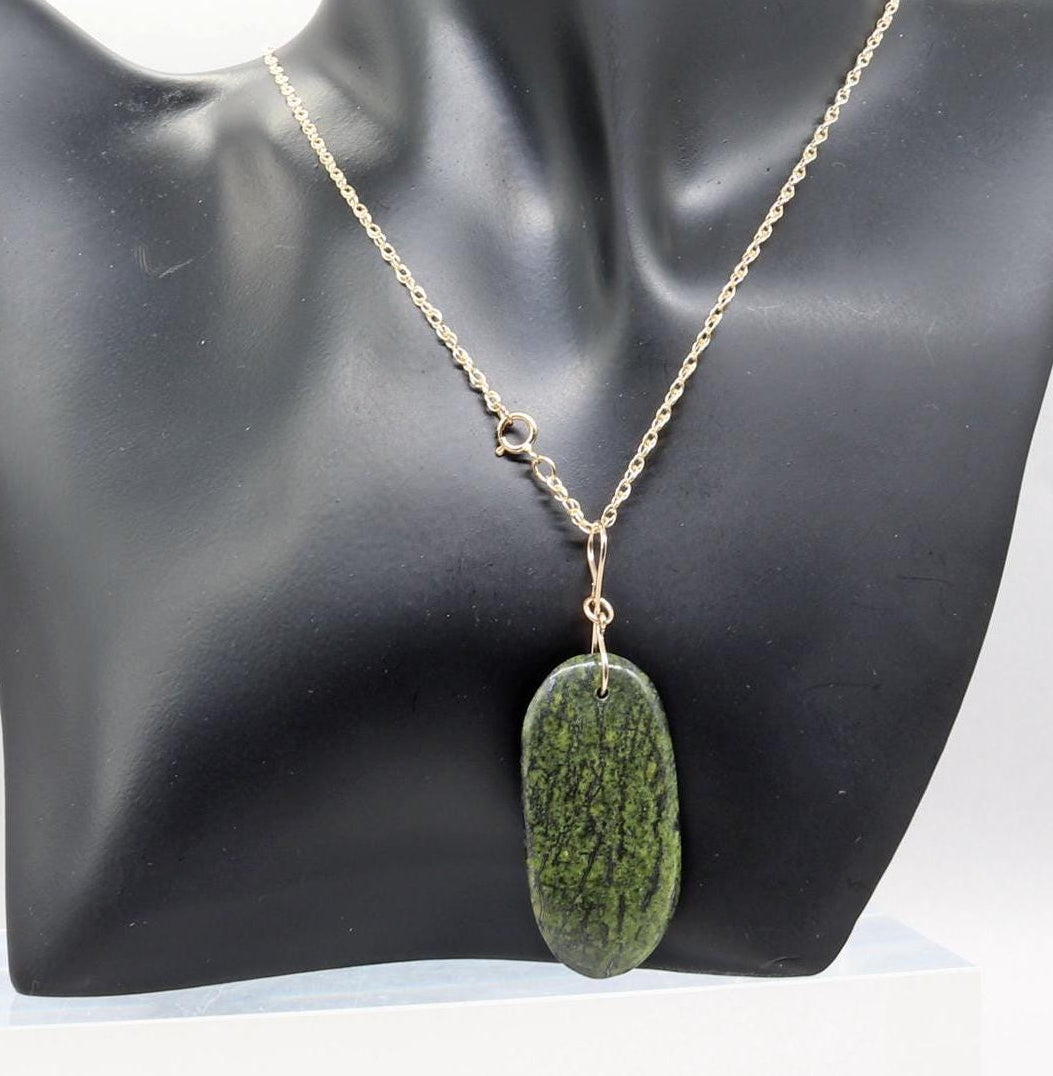 Forest Green Jasper Pendant – Jewelry Focal Piece shown suspended from a gold-filled wire figure-8 shaped bail attached to a gold-filled rope chain which is available for optional purchase.
