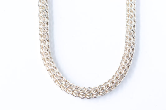 This Full Persian chainmail necklace in solid 20-gauge Argentium® 935 silver shown on white background.