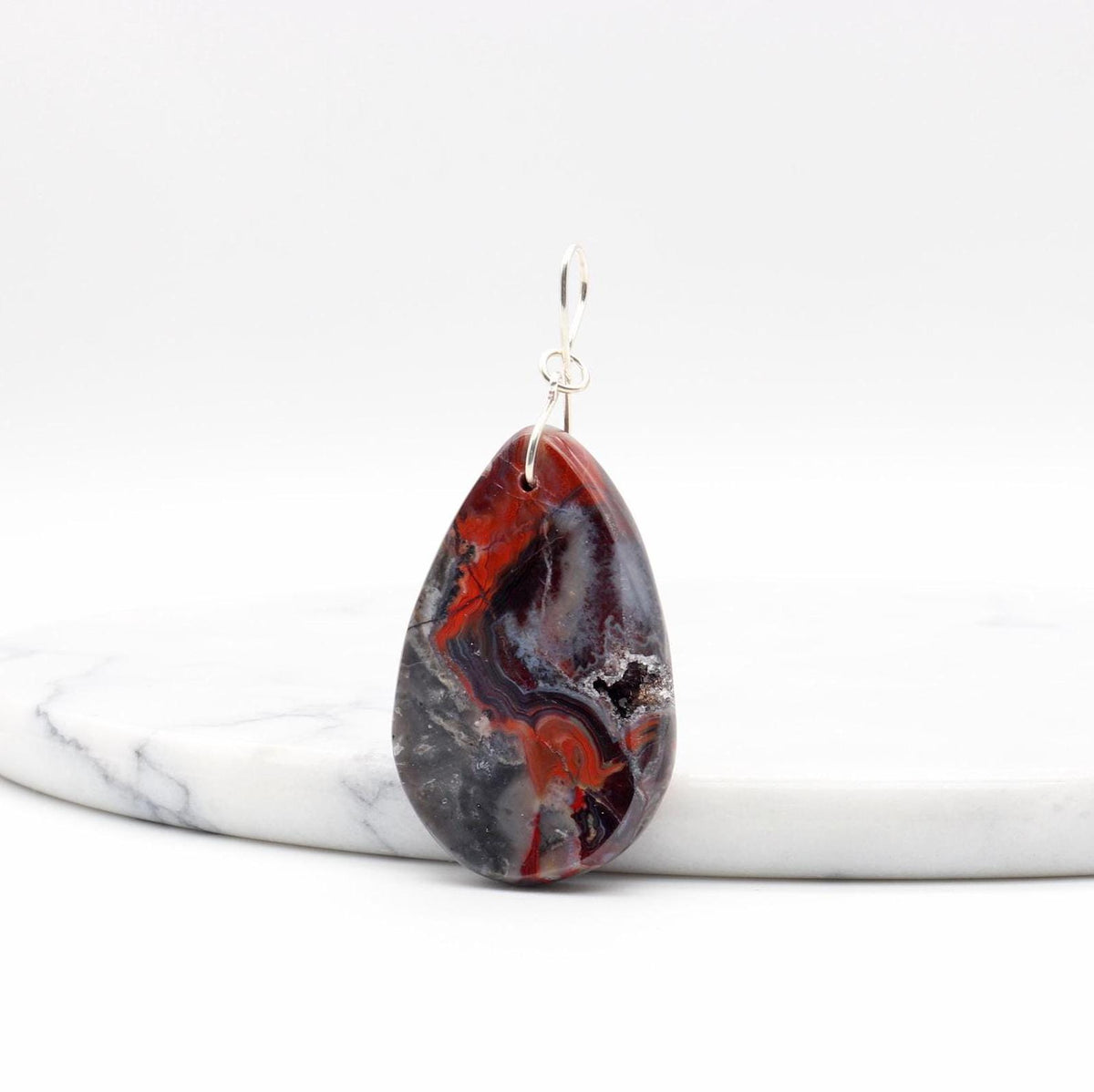 Natural Mexican Red Agate druzy teardrop pendant with Argentium 935 Silver bail