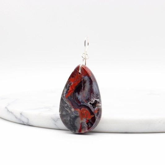 Natural Mexican Red Agate druzy teardrop pendant with Argentium 935 Silver bail