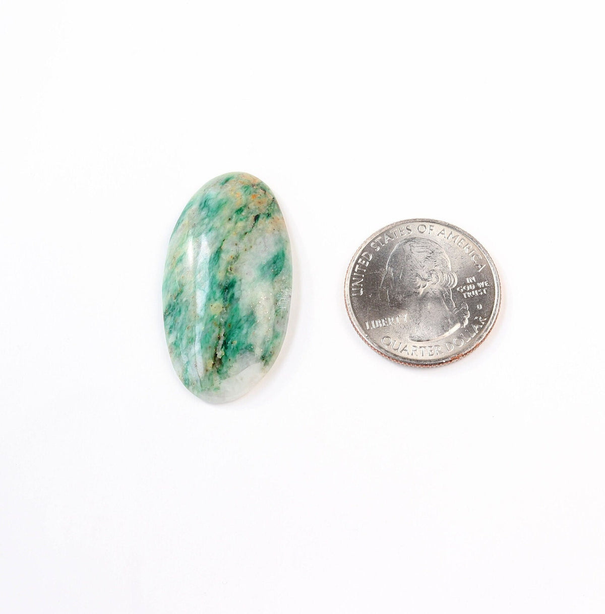 Hand-cut Mariposite oval cabochon with green and creamy white natural pattern, shown next to U.S. quarter for scale and displayed on a clean white background.
