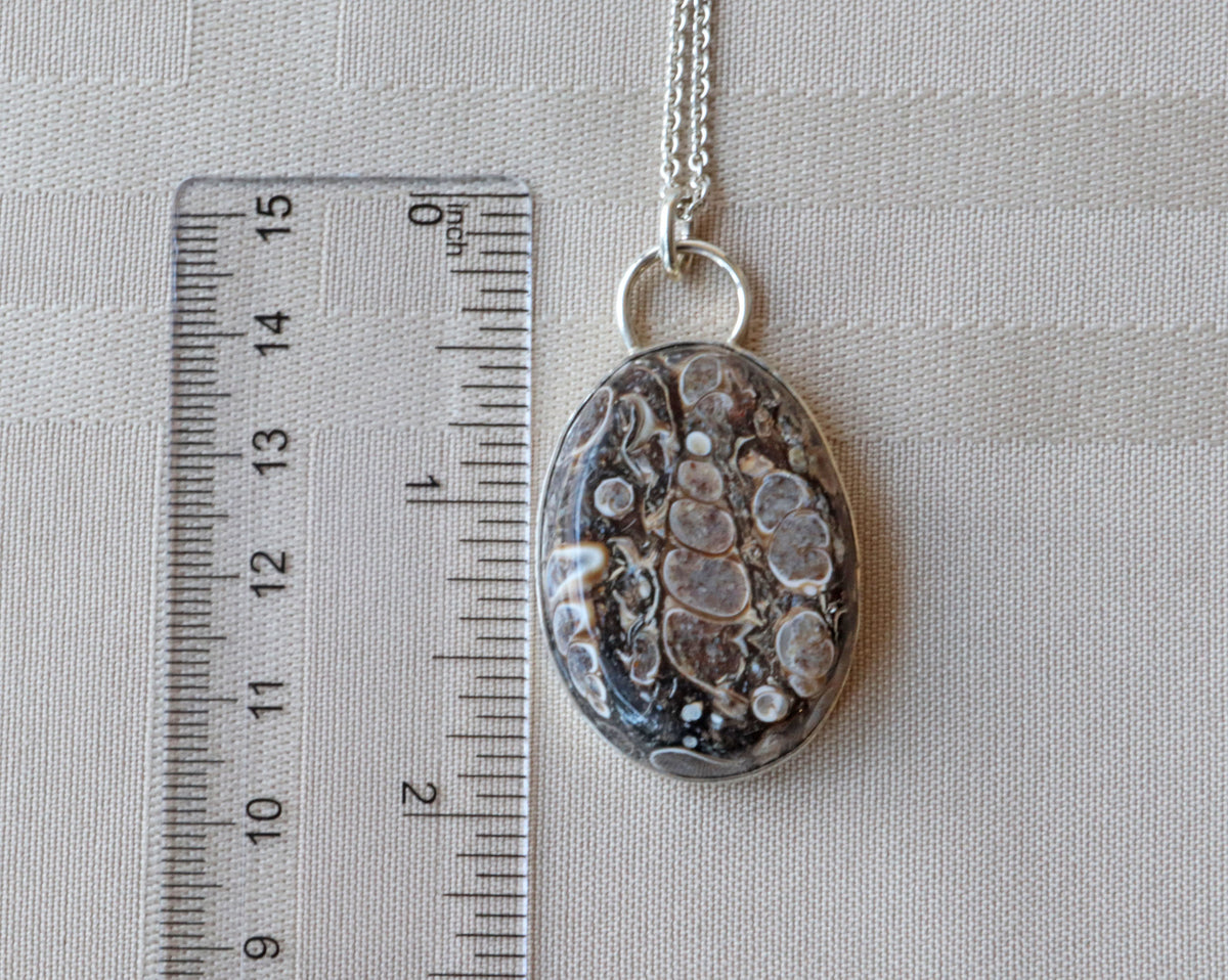Natural Turritella Agate fossil pendant in Argentium 935 Silver with silver chain shown next to a clear ruler for scale on a textured white fabric background.