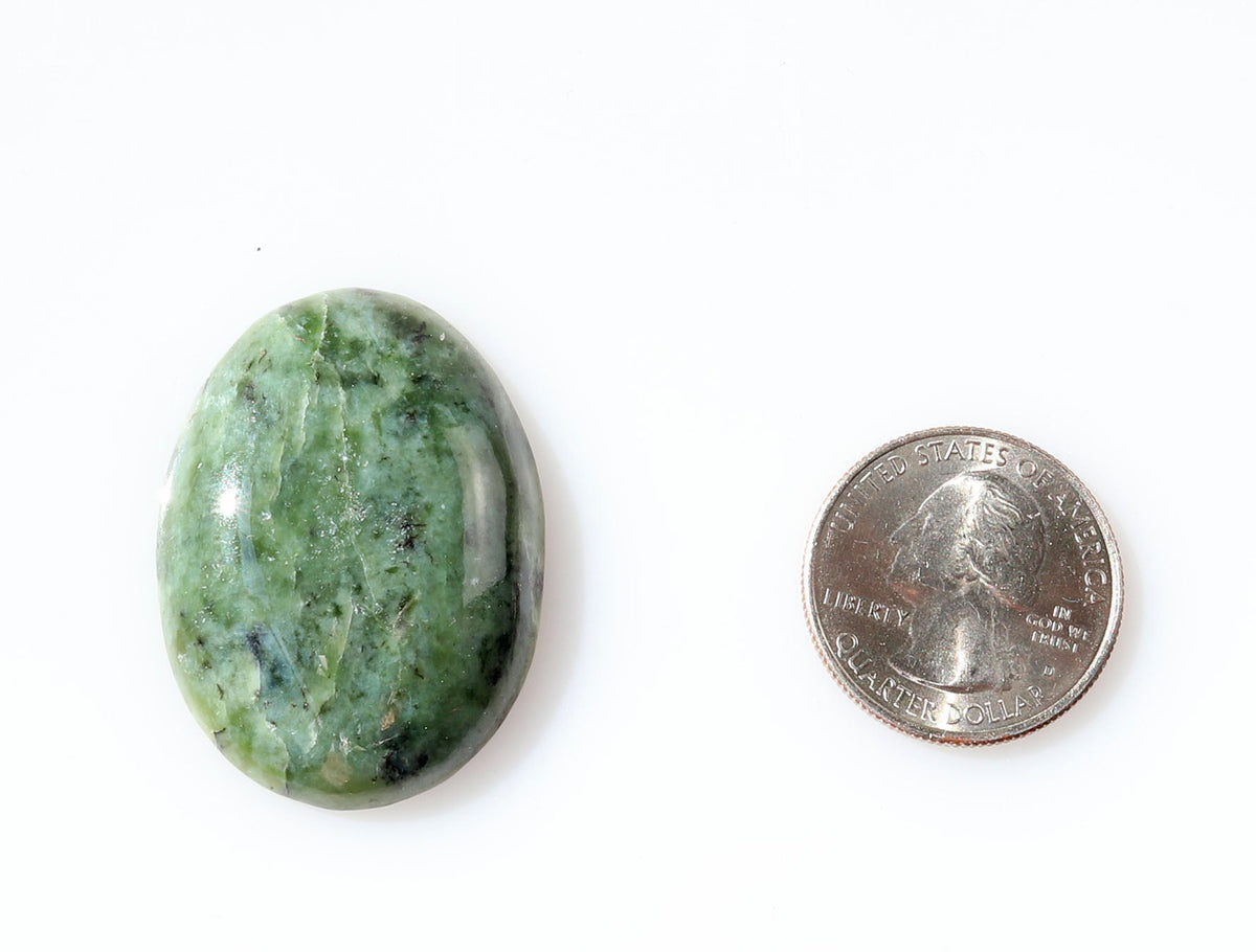 A polished Wyoming Jade cabochon with natural marbling, shown next to a US quarter coin for scale on a plain white background.