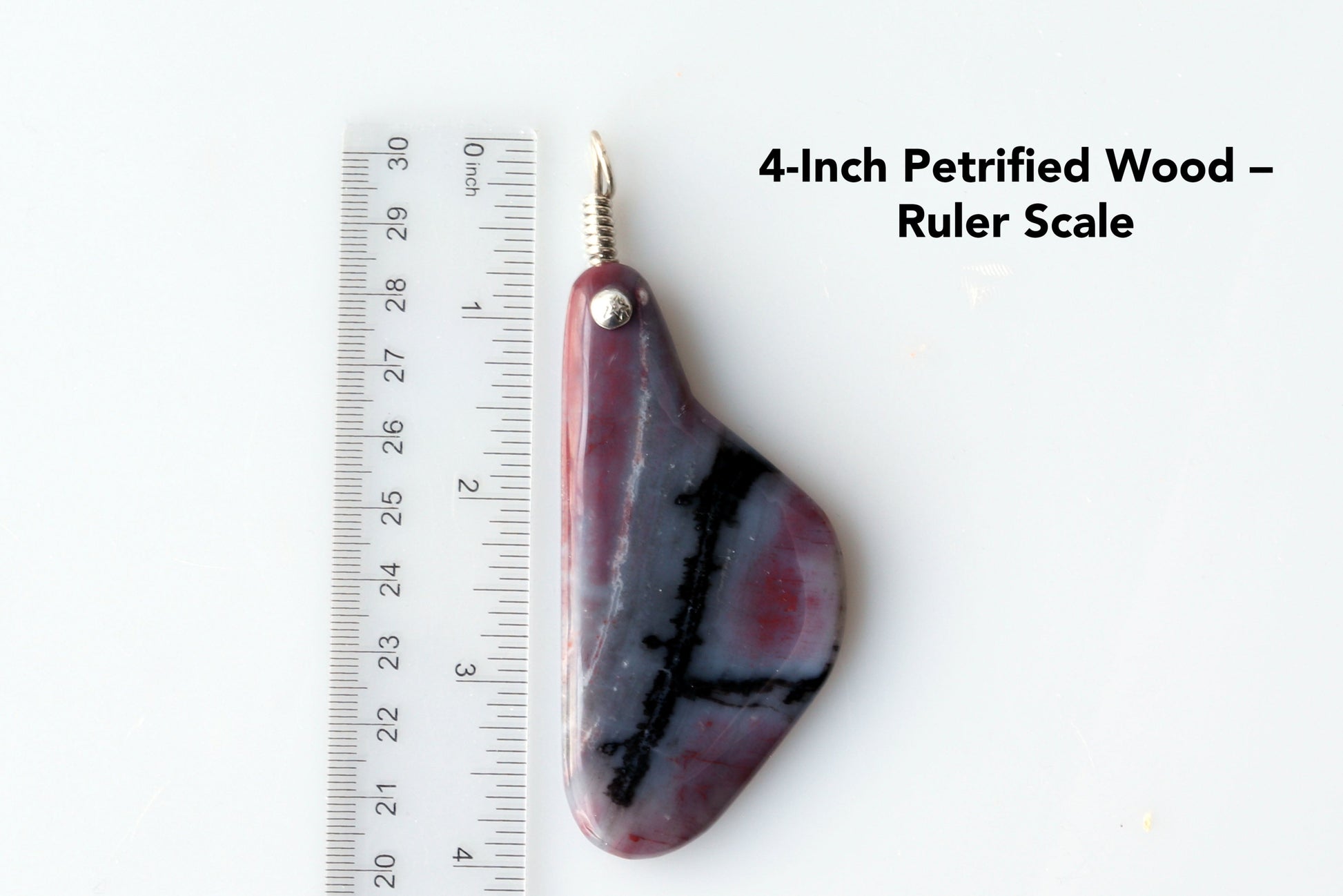 A 4 inch Petrified Wood Pendant red and black patterns shown next to ruler for scale.