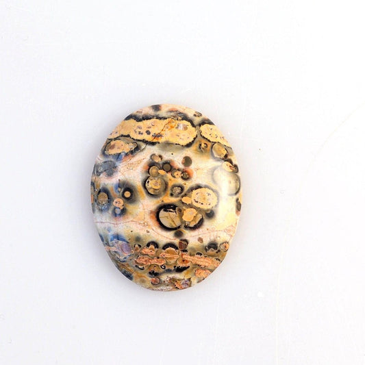 Hand-cut oval Leopard Skin Jasper cabochon with tan, brown, cream, gray and black spotted patterns shown on white background.
