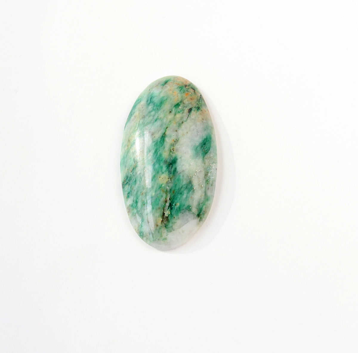 Hand-cut Mariposite oval cabochon with green and creamy white natural pattern, displayed on a clean white background.