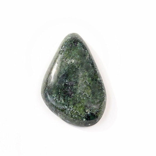Hand-cut natural Moss Agate freeform cabochon with mottled green pattern shown against white background.