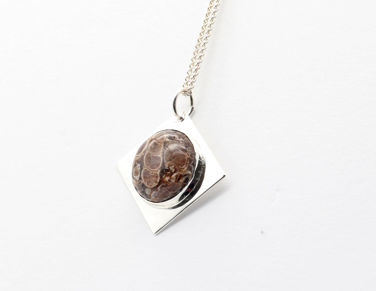 Natural Turritella Agate fossil pendant in Argentium 935 Silver with Argentium silver chain.