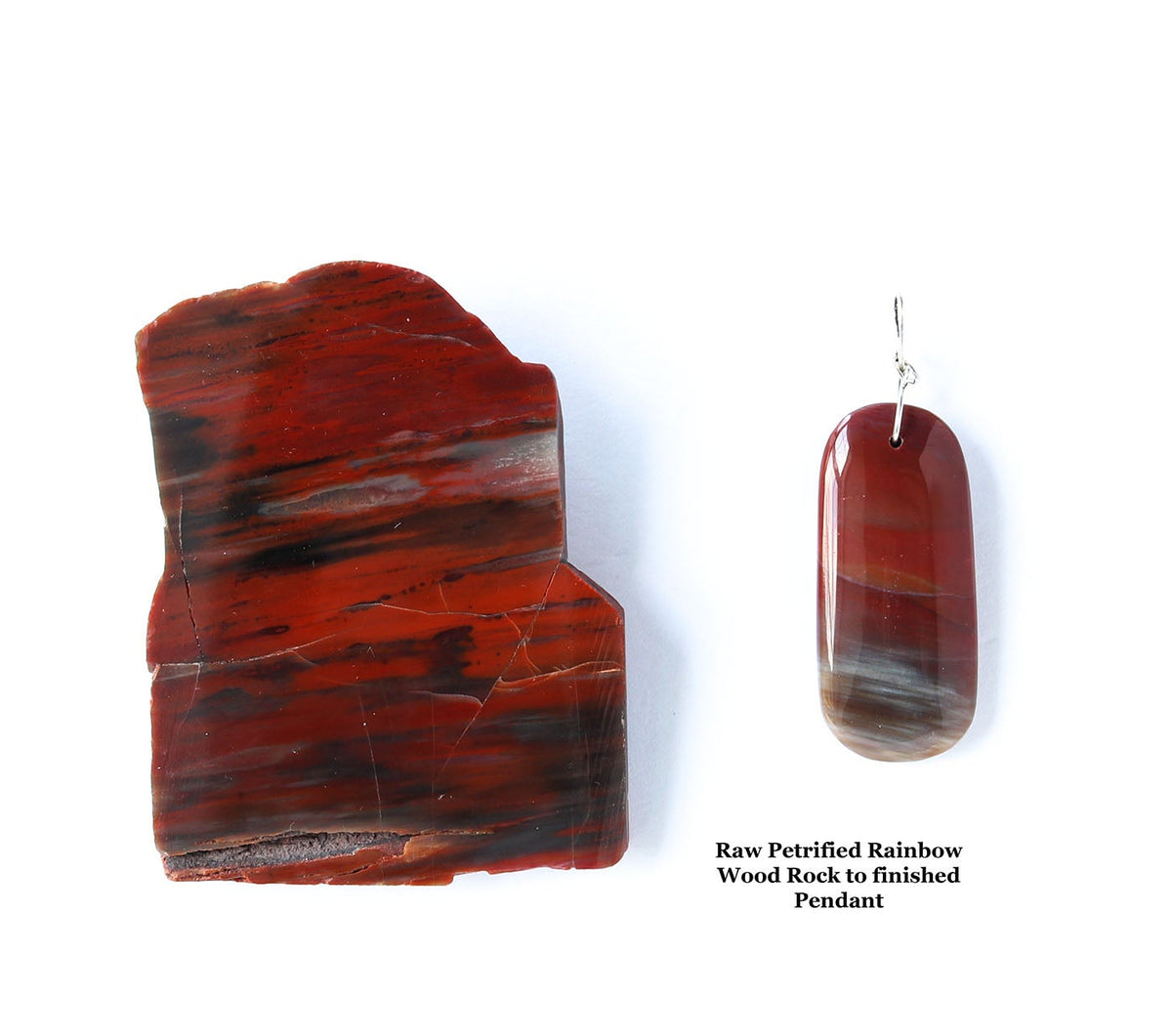 A raw, polished piece of rainbow wood next to a finished oval pendant, both showcasing the distinctive red, brown, and black banded pattern. The small text on the bottom right reads 'Raw Polished Rainbow Wood Cut to Finished Pendant'.