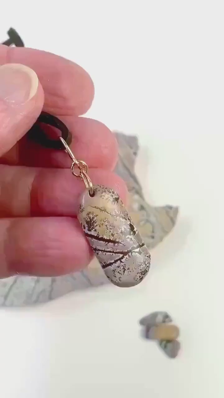 Demo Clip of Sonoran Dendtritic Pendant in palm of hand showing both sides of pendant against white background.