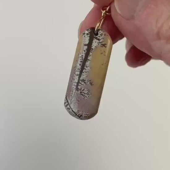 A demo clip of this sonoran dendritic rhyolite pendant with gold-filled bail against white background.