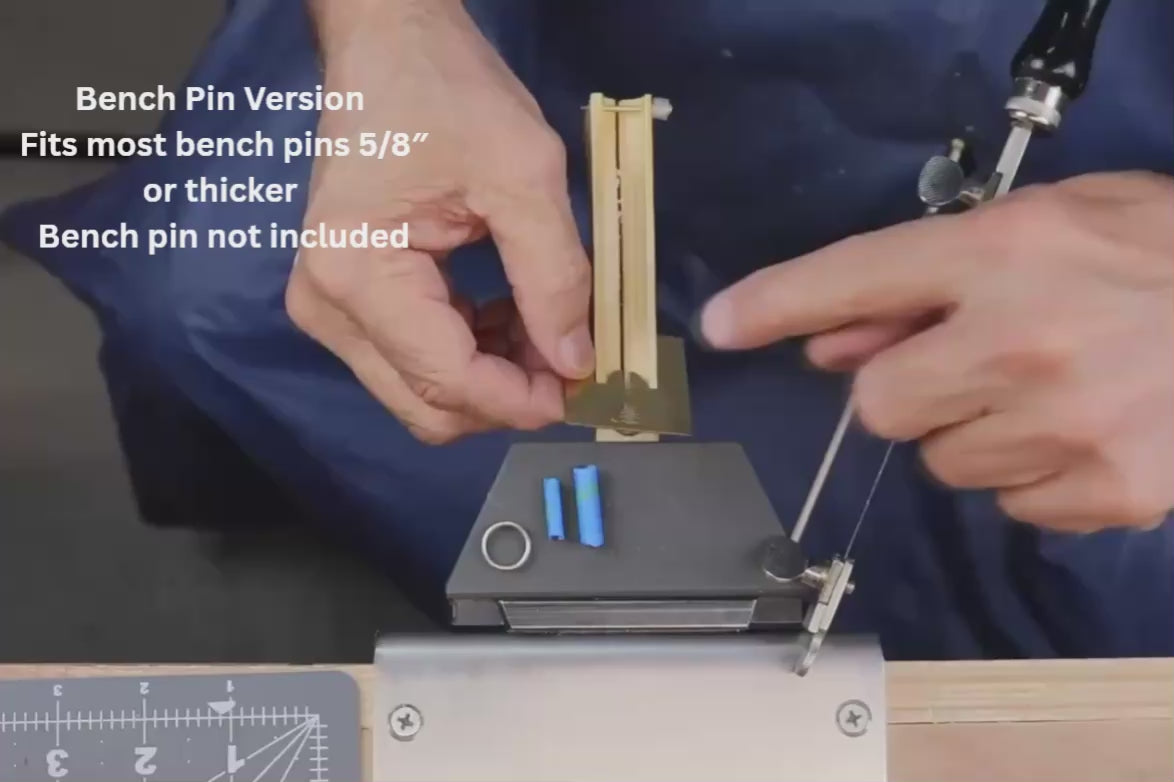 Bench Pin version demo clip of Elkhorn Silver Patented Jump Ring Jig.  Shown attached to bench with human hands demonstrating cutting of jump rings.